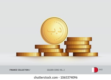 Gold coins. Realistic Bahraini Dinar coin standing on stacked coins. Finance concept for websites, web design, mobile app, infographics.