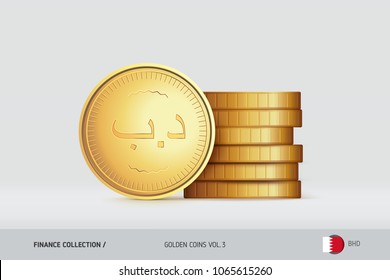 Gold coins. Realistic Bahraini Dinar coin standing near of stacked coins. Finance concept for websites, web design, mobile app, infographics.