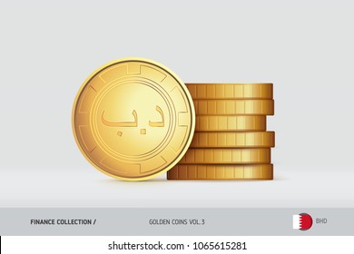 Gold coins. Realistic Bahraini Dinar coin standing near of stacked coins. Finance concept for websites, web design, mobile app, infographics.