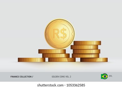 Gold coins. Realistic Brazilian Real coin standing on stacked coins. Finance concept for websites, web design, mobile app, infographics.
