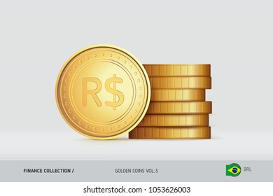 Gold coins. Realistic Brazilian Real coin standing near of stacked coins. Finance concept for websites, web design, mobile app, infographics.