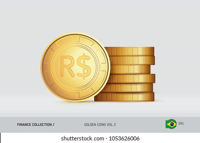 Gold coins. Realistic Brazilian Real coin standing near of stacked coins. Finance concept for websites, web design, mobile app, infographics.