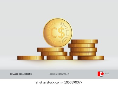 Gold coins. Realistic Canadian Dollar coin standing on stacked coins. Finance concept for websites, web design, mobile app, infographics.