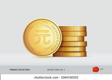 Gold coins. Realistic Chinese Yuan coin standing near of stacked coins. Finance concept for websites, web design, mobile app, infographics.