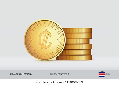 Gold coins. Realistic Costa Rican Colon coin standing near of stacked coins. Finance concept for websites, web design, mobile app, infographics.