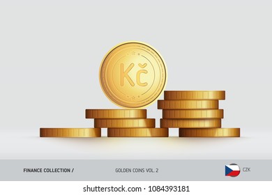 Gold coins. Realistic Czech Koruna coin standing on stacked coins. Finance concept for websites, web design, mobile app, infographics.