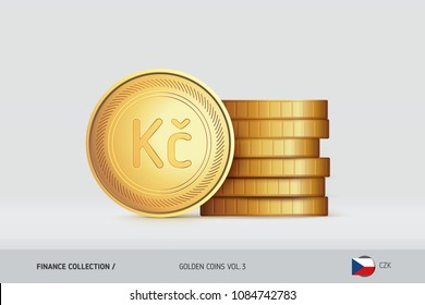 Gold coins. Realistic Czech Koruna coin standing near of stacked coins. Finance concept for websites, web design, mobile app, infographics.