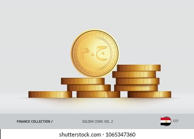 Gold coins. Realistic Egyptian Pound coin standing on stacked coins. Finance concept for websites, web design, mobile app, infographics.