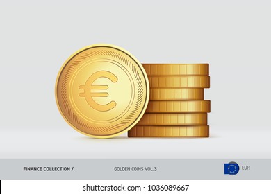 Gold coins. Realistic Euro coin standing near of stacked coins. Finance concept for websites, web design, mobile app, infographics.