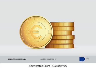 Gold coins. Realistic Euro coin standing near of stacked coins. Finance concept for websites, web design, mobile app, infographics.