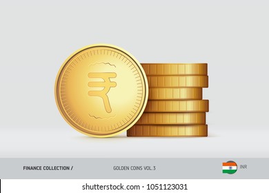 Gold coins. Realistic Indian Rupee coin standing near of stacked coins. Finance concept for websites, web design, mobile app, infographics.