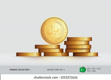 Gold coins. Realistic Islamic Rial coin standing near of stacked coins. Finance concept for websites, web design, mobile app, infographics.