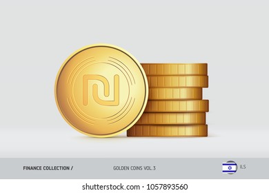 Gold coins. Realistic Israeli New Shekel coin standing near of stacked coins. Finance concept for websites, web design, mobile app, infographics.