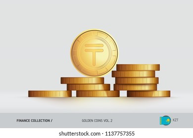 Gold coins. Realistic Kazakhstani Tenge coin standing on stacked coins. Finance concept for websites, web design, mobile app, infographics.