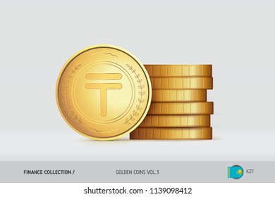 Gold coins. Realistic Kazakhstani Tenge coin standing near of stacked coins. Finance concept for websites, web design, mobile app, infographics.