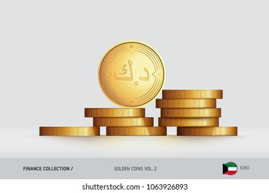 Gold coins. Realistic Kuwaiti Dinar coin standing on stacked coins. Finance concept for websites, web design, mobile app, infographics.