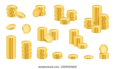 Gold coins, realistic money currency in stack, gold treasure cash. Vector financial assets, savings and deposits. Benefit in business and fortune savings, concept of capital growth and income