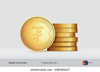 Gold coins. Realistic Mongolian Tugrik coin standing near of stacked coins. Finance concept for websites, web design, mobile app, infographics.