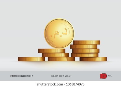 Gold coins. Realistic Moroccan Dirham coin standing on stacked coins. Finance concept for websites, web design, mobile app, infographics.