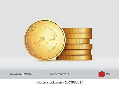 Gold coins. Realistic Moroccan Dirham coin standing near of stacked coins. Finance concept for websites, web design, mobile app, infographics.