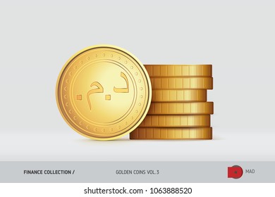 Gold coins. Realistic Moroccan Dirham coin standing near of stacked coins. Finance concept for websites, web design, mobile app, infographics.