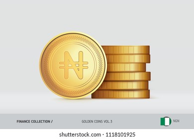 Gold coins. Realistic Nigerian Naira coin standing near of stacked coins. Finance concept for websites, web design, mobile app, infographics.