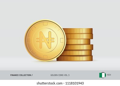 Gold coins. Realistic Nigerian Naira coin standing near of stacked coins. Finance concept for websites, web design, mobile app, infographics.