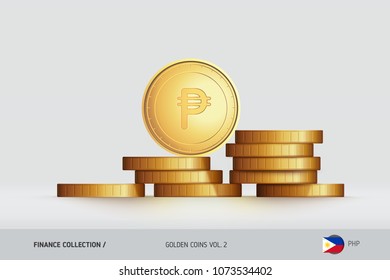 Gold coins. Realistic Philippine Peso coin standing on stacked coins. Finance concept for websites, web design, mobile app, infographics.