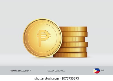 Gold coins. Realistic Philippine Peso coin standing near of stacked coins. Finance concept for websites, web design, mobile app, infographics.