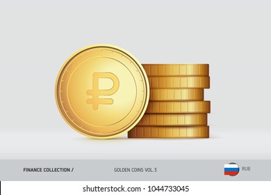 Gold coins. Realistic Russian Ruble coin standing near of stacked coins. Finance concept for websites, web design, mobile app, infographics.