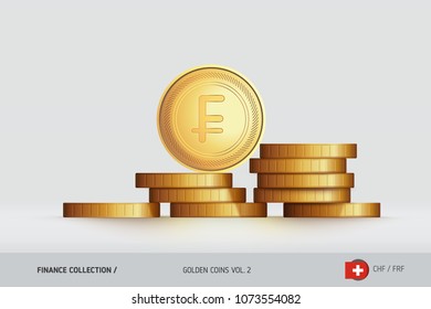 Gold coins. Realistic Swiss Franc coin standing on stacked coins. Finance concept for websites, web design, mobile app, infographics.