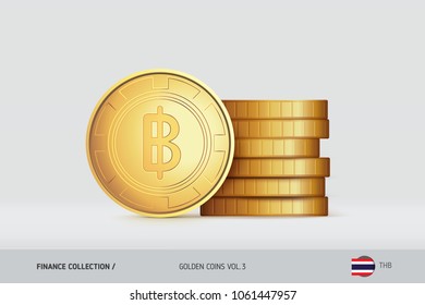 Gold coins. Realistic Thai Baht coin standing near of stacked coins. Finance concept for websites, web design, mobile app, infographics.