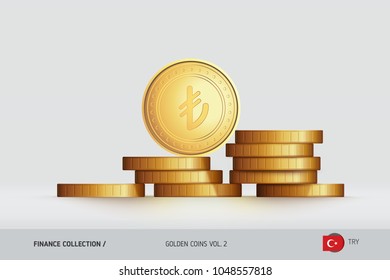 Gold coins. Realistic Turkish Lira coin standing on stacked coins. Finance concept for websites, web design, mobile app, infographics.