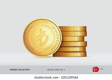 Gold coins. Realistic Turkish Lira coin standing near of stacked coins. Finance concept for websites, web design, mobile app, infographics.