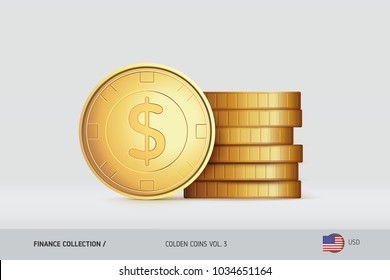 Gold coins. Realistic United States Dollar golden coin standing near of stacked gold coins. Simple thin line gold coin for websites, web design, mobile app, infographics. Coins stack.