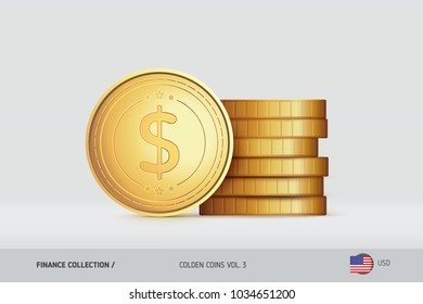 Gold coins. Realistic United States Dollar golden coin standing near of stacked gold coins. Simple thin line gold coin for websites, web design, mobile app, infographics. Coins stack.