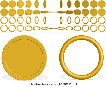 Gold coins and rings with all turning angles for animation in games, use in art and animated gifs. Facilitates the animation. There are 13 different angles for each rotation, horizontal and vertical.