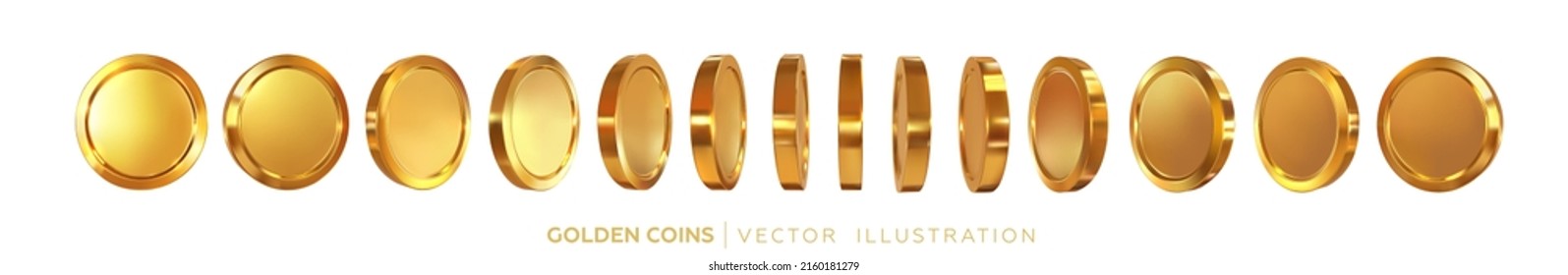 Gold coins rotating in different positions. A set of 3d money in different directions. Vector illustration svg