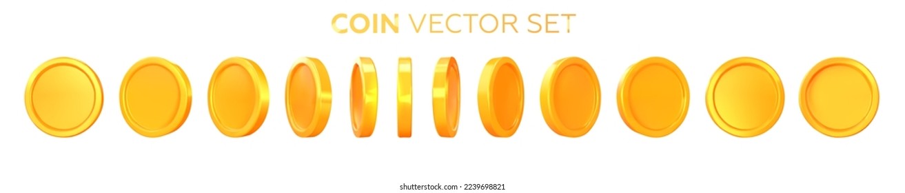 Gold coins rotating in different positions. Flip coins. A set of 3d money in different directions. Suitable for rotation animation. Vector illustration.  svg