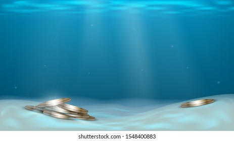 Gold coins in the sea under water, sunken treasure