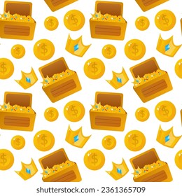 Gold coins seamless pattern. Treasure chest. Vector.