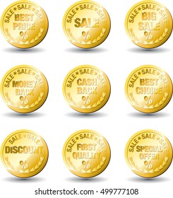 Gold coins set. Cash symbols with different embossing for retail advertising