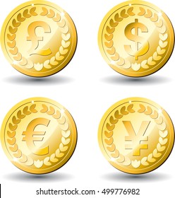 Gold coins set with different currency symbols