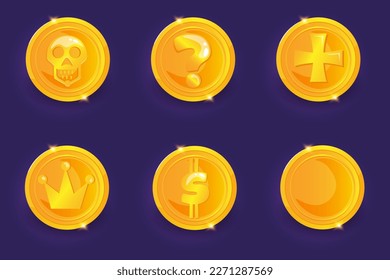Goldmünzen mit unterschiedlicher Zeichnung. Cartoon-Spiel GUI-Symbol.