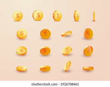 Gold coins set isolated in different positions. Balance profit, income statement and cash flow statement. 3d.