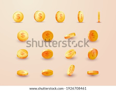 Gold coins set isolated in different positions. Balance profit, income statement and cash flow statement. 3d.