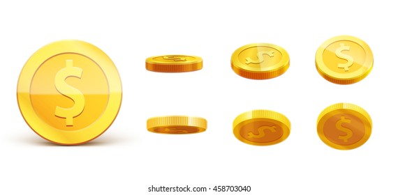 gold coins set isolated on white in different positions