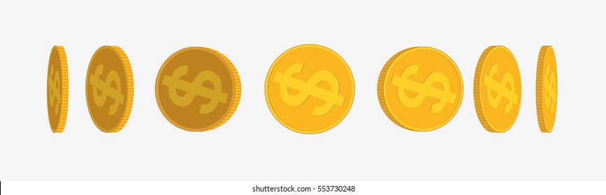 Gold Coins Set Isolated On White In Different Positions. Rotation Step Of Coin. Animation. Dollar Currency. Flat Vector Stock Illustration