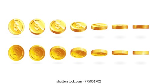 Gold coins set isolated on white in different positions