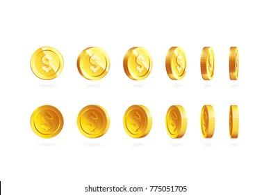 Gold coins set isolated on white in different positions